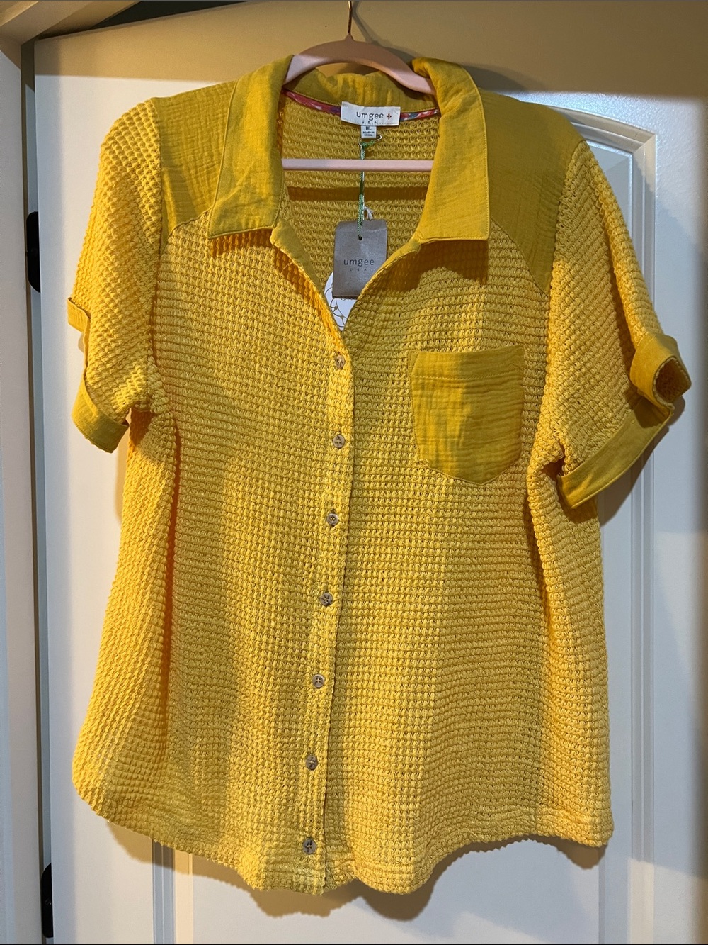 Umgee Yellow Short Sleeve Waffle Knit Button Down Shirt (1X)